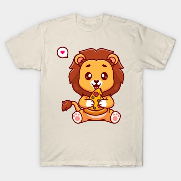 Cute Lion Eating Pizza Cartoon T-Shirt by Catalyst Labs